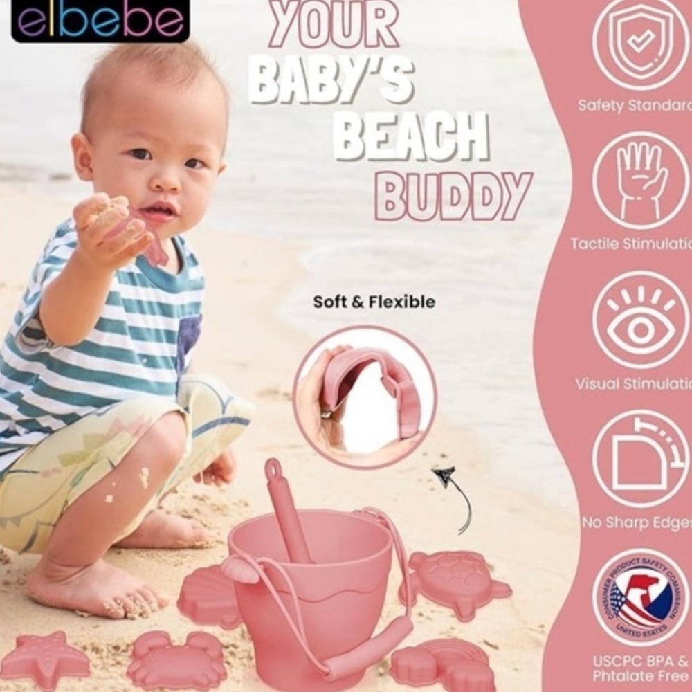 ELBEBE Silicone Baby Beach Toy Pink Set of 8 - Picture 2 of 3